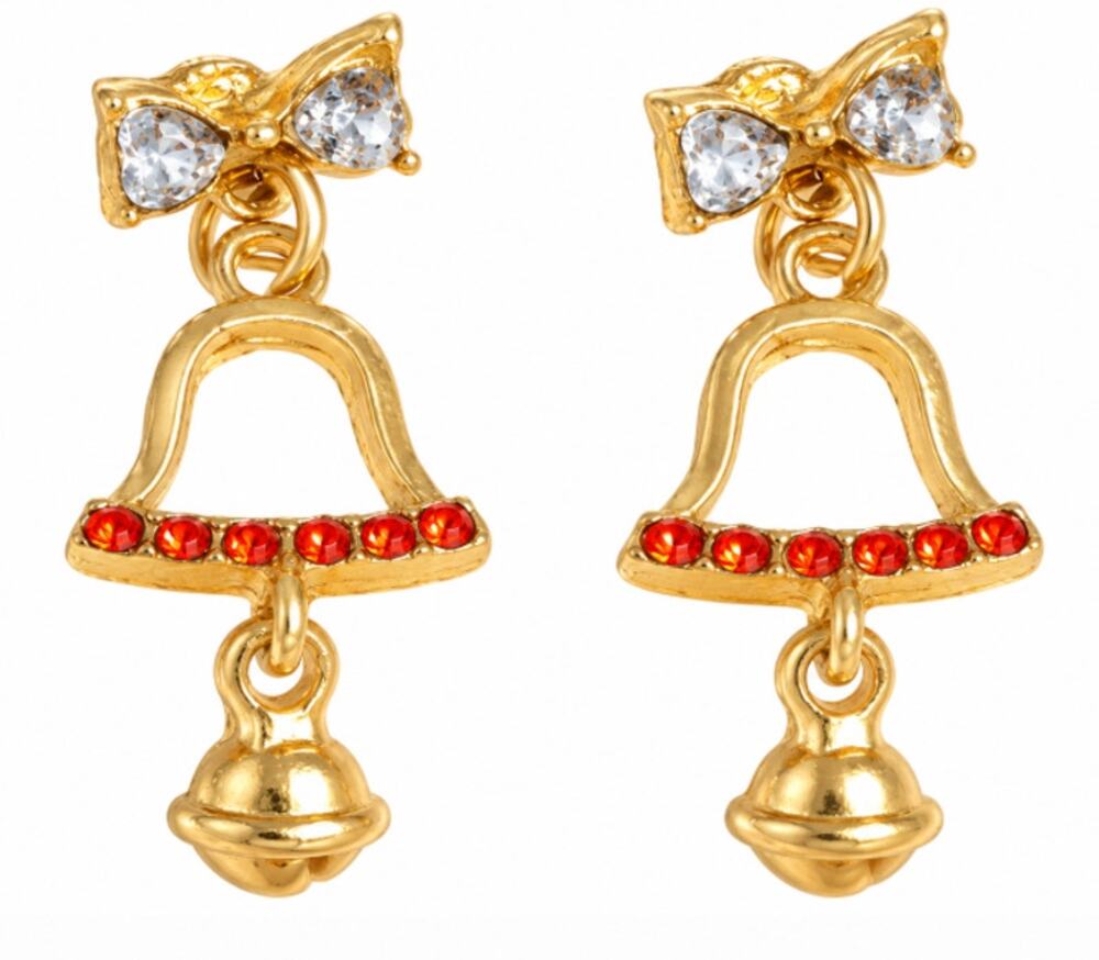 Pair of Christmas Bow Bell Earrings Dangling Bell with Rhinestones Small Size
